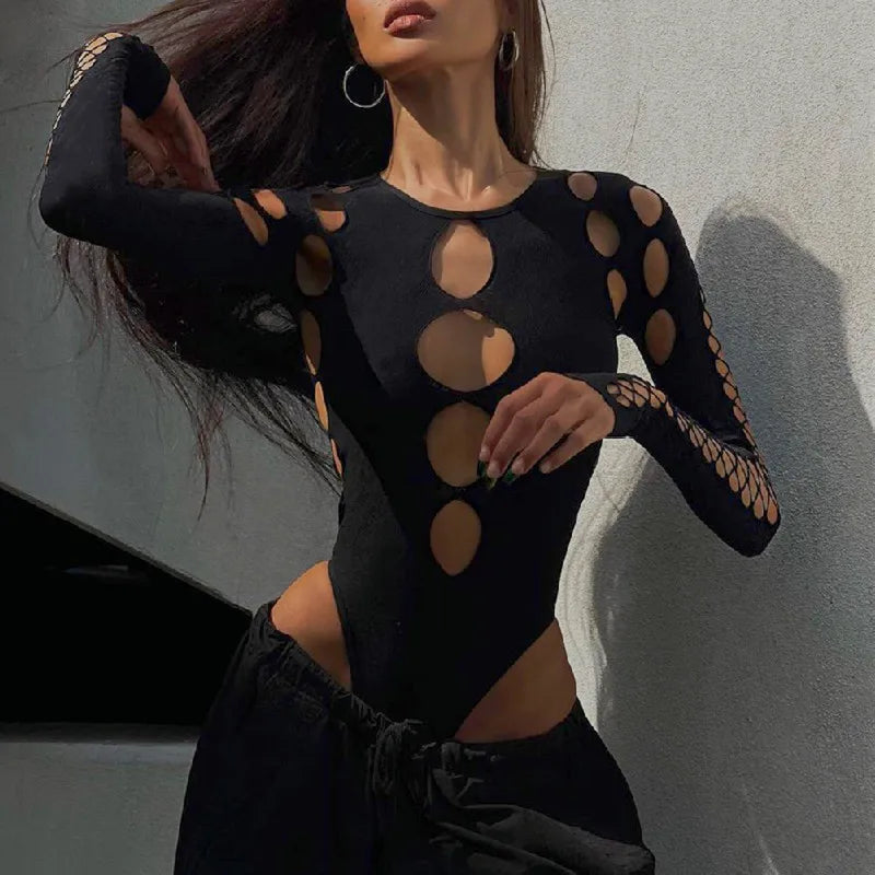 Lunivop   Sexy Dot Hollow Out Bodysuit Y2K Gothic Punk Long Sleeves Bodycon T-shirt Women Autumn Streetwear Slim Bodice Bodysuits