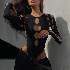 Lunivop   Sexy Dot Hollow Out Bodysuit Y2K Gothic Punk Long Sleeves Bodycon T-shirt Women Autumn Streetwear Slim Bodice Bodysuits