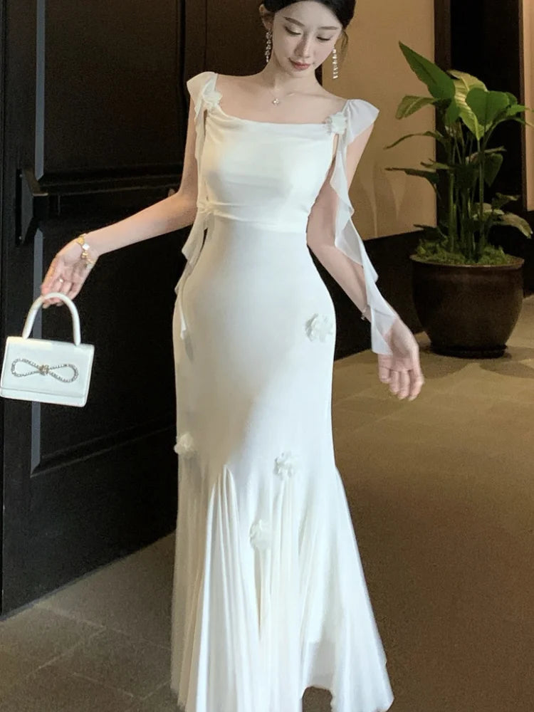 Lunivop Fashion Slim Wasit Bodycon Evening Women Dresses New Flying Sleeve Korean  Sexy Elegant Mesh Solid Flowers Mermaid Dress