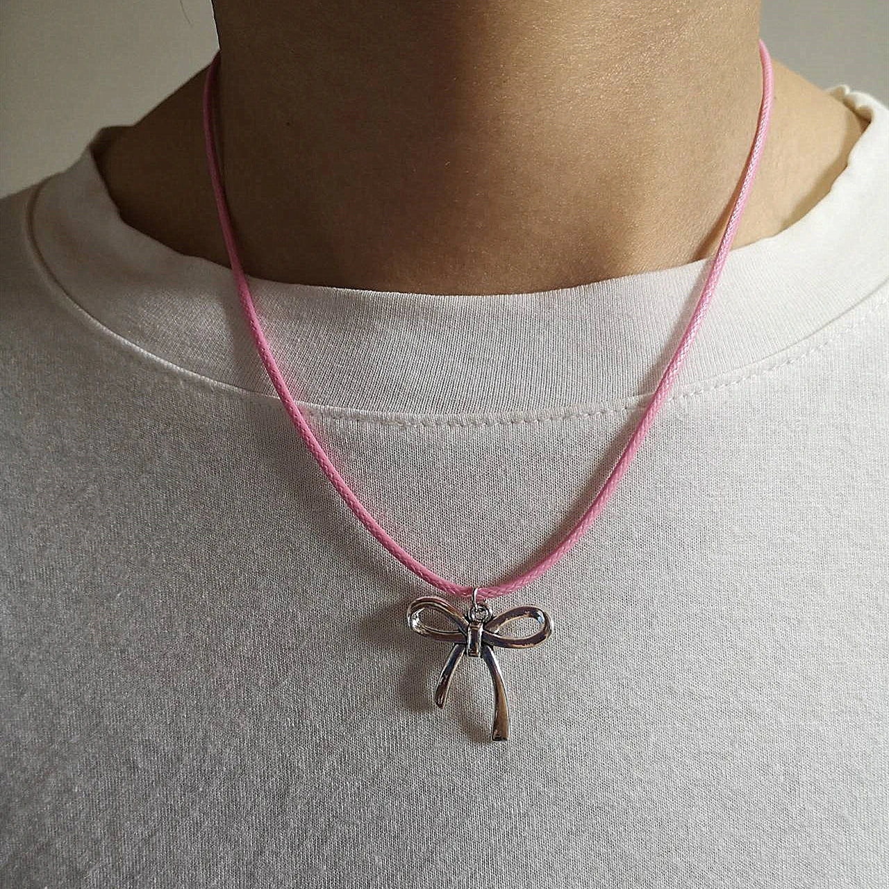 Lunivop Goth Y2K Bowknot Pendant Pink Black Leather Rope Necklace For Girl Aesthetic EMO 2000s Antique Silver Color Jewelry Accessories