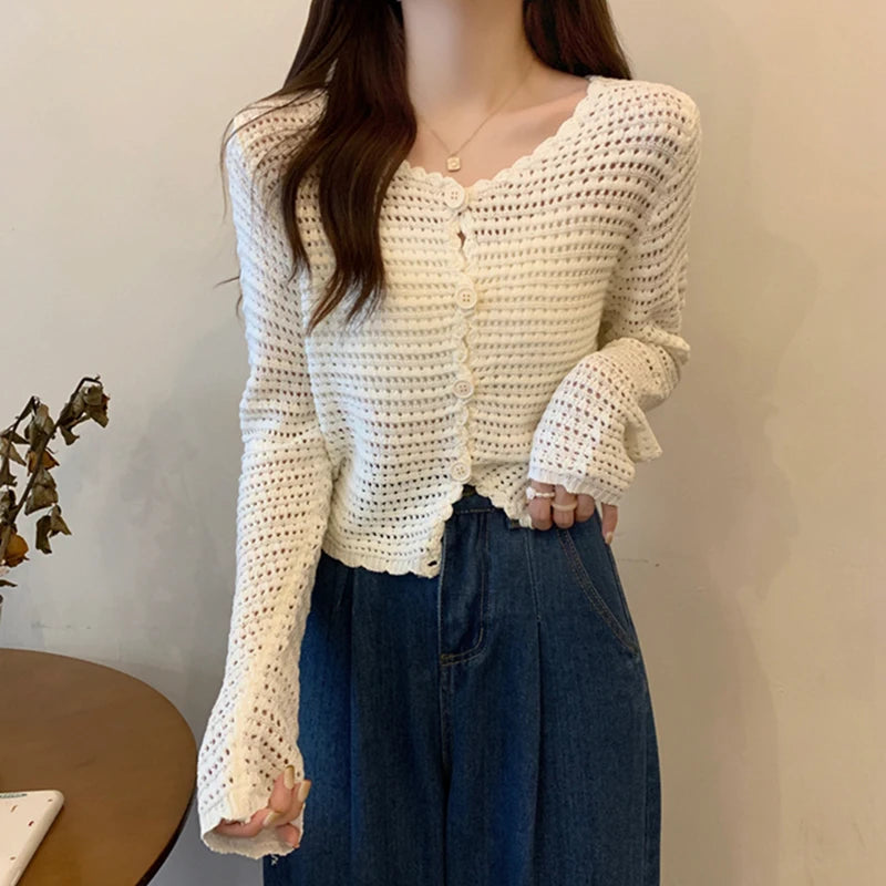 Lunivop Women Button Up Short Cardigan Knitted Shirt Hollow Out Crochet Crop Top Long Sleeved Thin Cover Up Teen-girl Casual Outfit