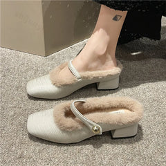 Lunivop Elegant Metal Buckle Mary Janes Woman Half Slippers New Mid Heel Dress Shoes Ladies Winter Warm Plush Belt Pumps Zapatos