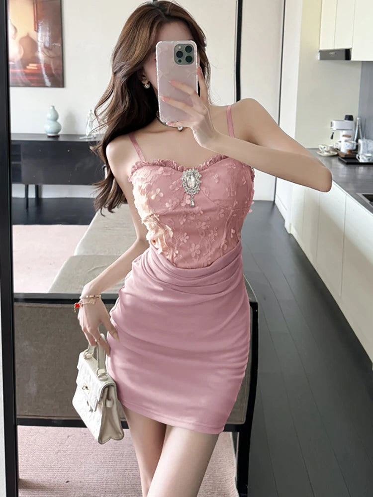 Lunivop  Women Green Patchwork Jacquard Flower Sling Short Dress Summer Elegant Bodycon Hip Wrap Dress Korean Fashion Casual Dresses