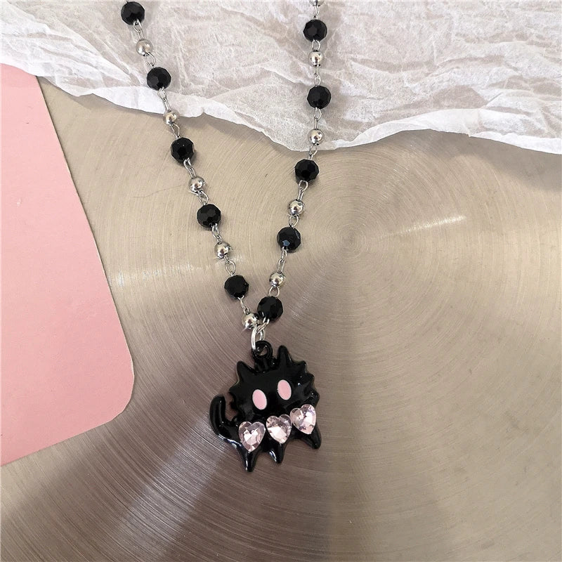 Lunivop Goth Cute Black Cat Star Cross Bowknot Pendant Beaded Chain Necklace For Women Girl Charm Y2K Cool 2000s EMO Jewelry Accessories