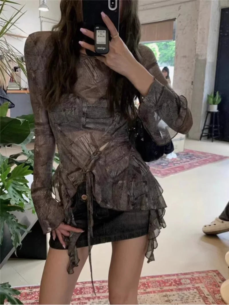 Lunivop  Retro Print Slim Fit Long Sleeved T-shirt Top Drawstring Lace Up Slim Waist Blouses 2025 New Bottoming All-match Tee Shirt