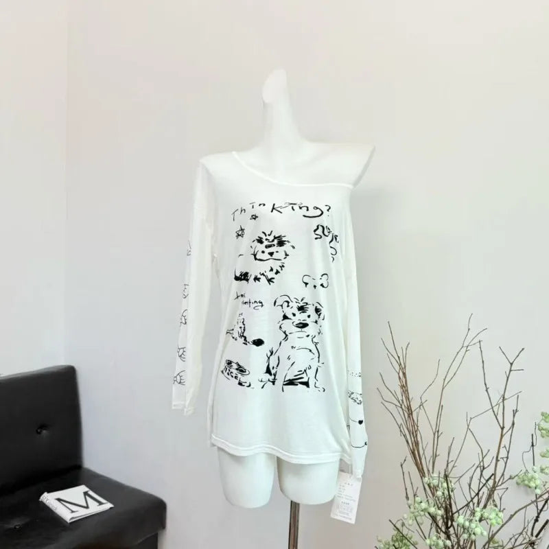 Lunivop  T Shirts Women Funny Cartoon Printed Long Sleeve Diagonal Collar Off Shoulder Loose Sweet Tops Female Casual Y2k Tshirt