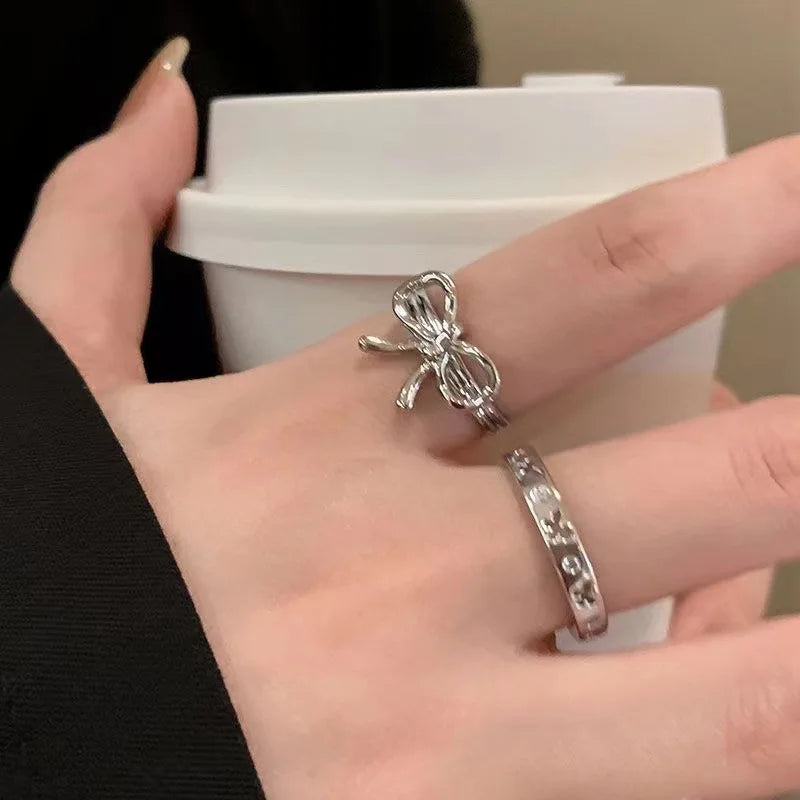 Lunivop Fashion Trend Pink Crystal Bowknot Heart Rings Zircon Ring Y2K Shiny Zircon Rings for Women Girls Party Aesthetic Jewelry