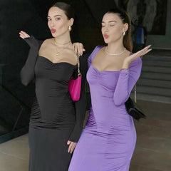 Lunivop Long Sleeve Square Collar Ruched Elegant Evening Party Ladies Dress Autumn Fashion Mermaid Wholesale Casual Clothes