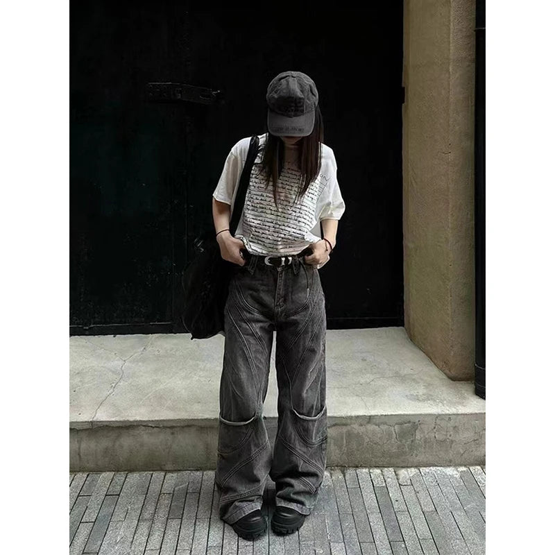 Lunivop Women Autumn Grey Baggy Jeans Vintage Cowboy Pants Harajuku Aesthetic Streetwear Denim Trousers Y2k 2000s Style Clothes 2024 New