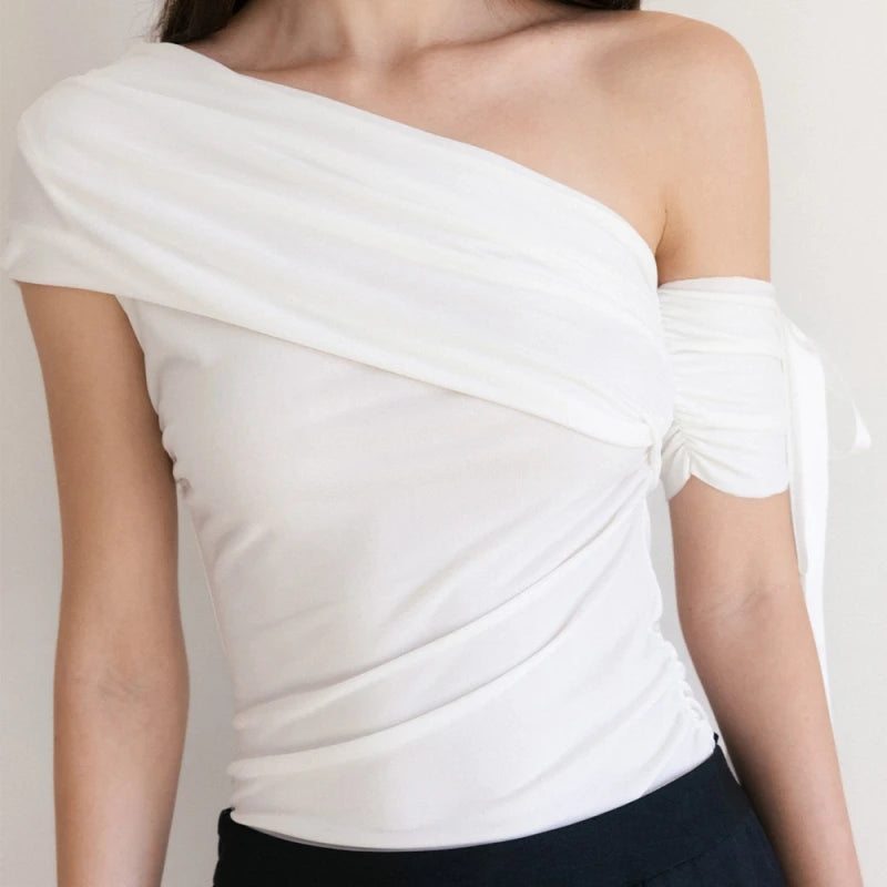 Lunivop   Solid Sexy Off Shoulder Casual Slash Neck Bow Pleated Slim Fit Crop Tops Y2K Spring Summer New Daily Cute Fashion Vest