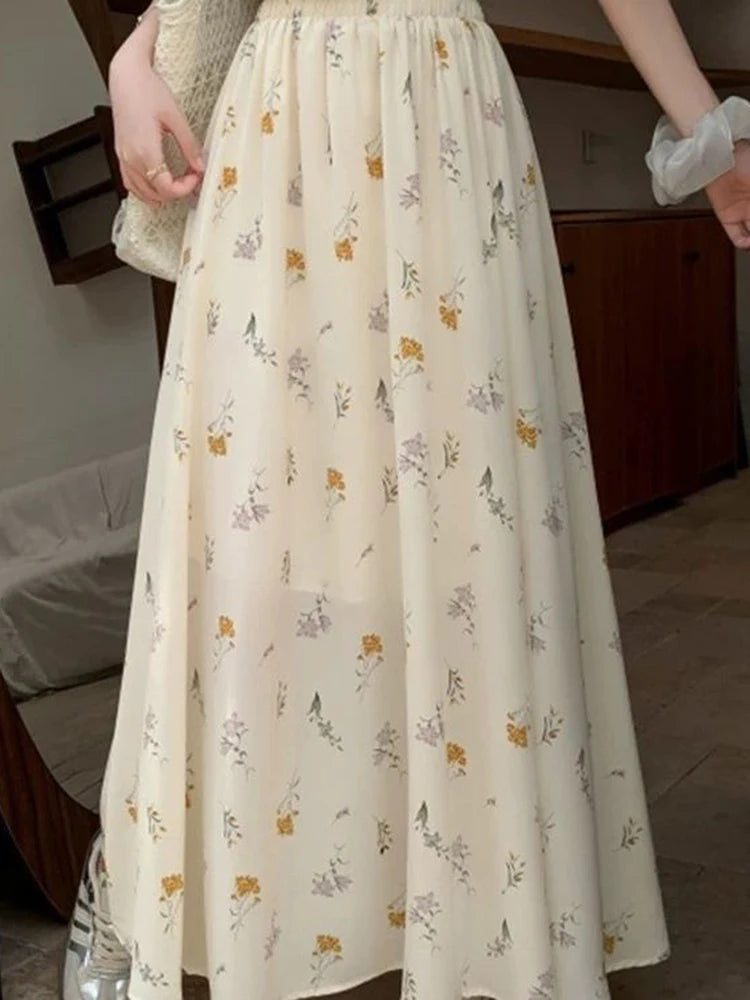 Lunivop Korean Floral Women Long Skirts Loose Summer High Waist Sweet A Line Skirt Casual Vintage Prairie Chic Female Long Skirt