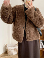 Lunivop Winter Vintage Women Faux Lamb Coat Warm Soft Long Sleeve V Neck Sweet Jacket Retro Simple Solid Korean Female Preppy Style Tops