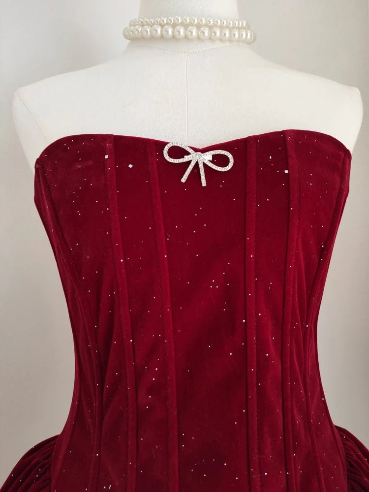 Lunivop  French Women's Velvet Lace-up Dresses Strapless High Waist Sleeveless Slim Elegant Dress Female Autumn 2025 New