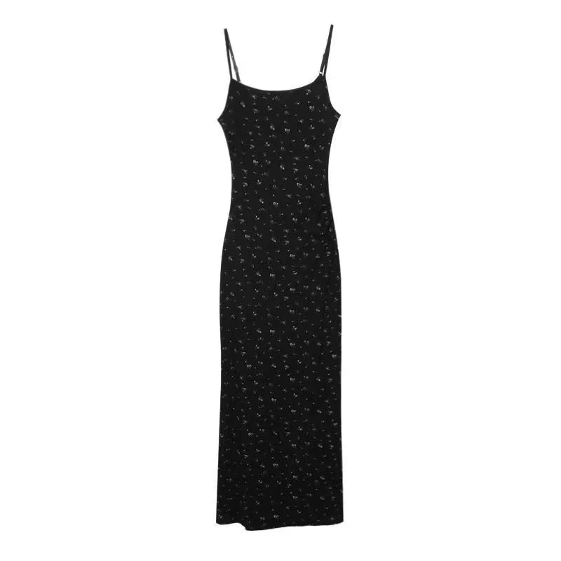 Women Summer Sexy Bodycon Dress Lady Sexy Spaghetti Strap Sleeveless Split Sheath Floral Dress Maxi Black Vestidos