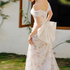 Lunivop  Temperament Slash Neck Mesh Short Sleeve Fairy Prom Dress Sweet Floral Printed Exquisite Sequin Mermaid Train Robe Bo formal dress