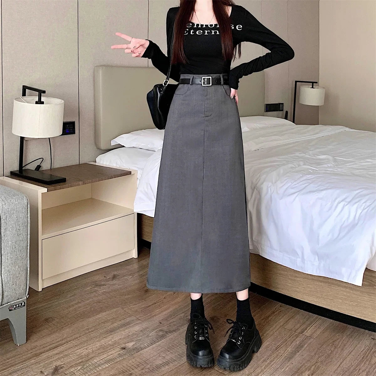 Lunivop High-waisted Slimming Skirt Greysuit Women's Lightweight Casual A- line Medium-length Dress
