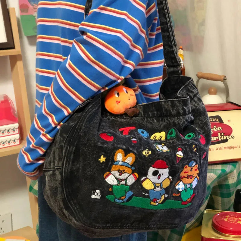 Lunivop Vintage Cartoon Denim Tote Bags for Women Luxury Designer Kawaii Embroidery Shoulder Bag Large Capacity Messenger Bag New