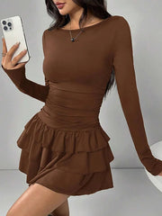 Lunivop  Autumn Winter Solid Color Slim Fit Cascading Ruffles Mini Dress Women Elegant Flare Sleeve High Waist Sexy Party Bodycon Dresses