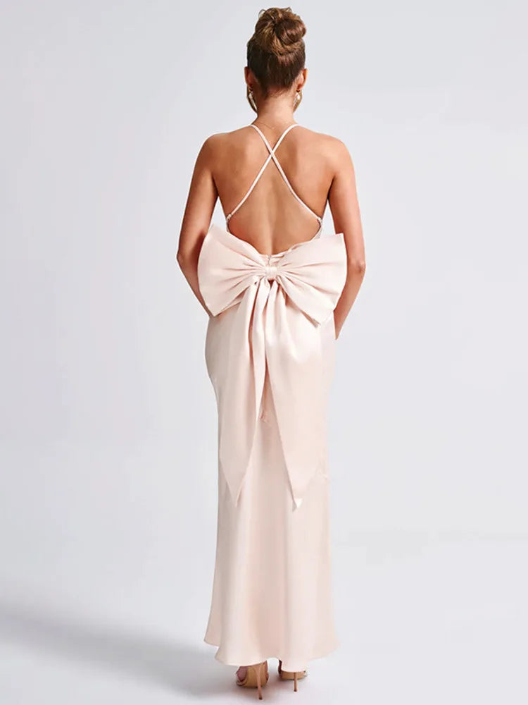 Lunivop Bow Backless Sexy Maxi Dress For Women Satin Spaghetti Strap V Neck Sleeveless Sexy Club Party Long Dress Elegant