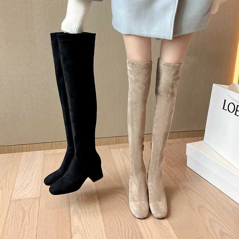 Lunivop Autumn Winter Stretch Over The Knee Boots Women Fashion Suede Round Toe Square Platform Shoes Thick Heels Long Booties