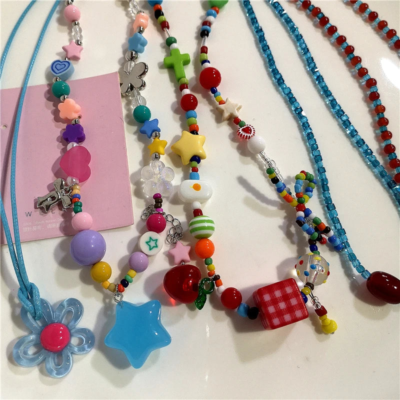 Lunivop Y2K Acrylic Flower Star Pendant Choker Colorful Red Blue Beaded Necklace For Women Aesthetic Jewelry Boho Accessories Wholesale