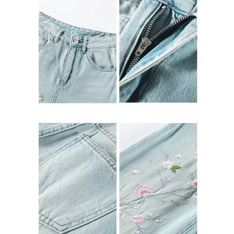 Lunivop French pink flower embroidered jeans women spring and autumn new high waist fashion slim wide-leg pants embroidered straight