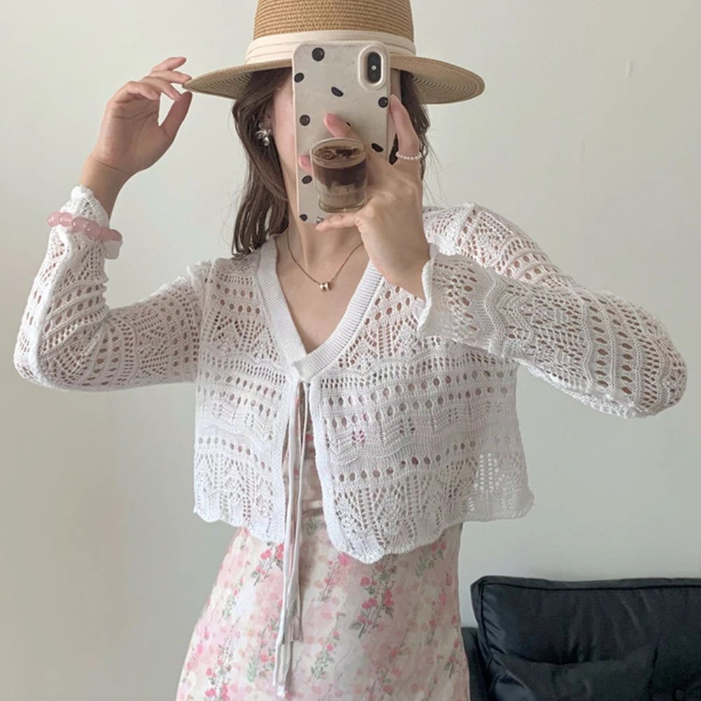 Lunivop Tie Front Crop Cardigan Long Sleeve Pointelle Knit Openwork Shrug Jacket Women Teen-girl Spring Summer Fairycore Outfit
