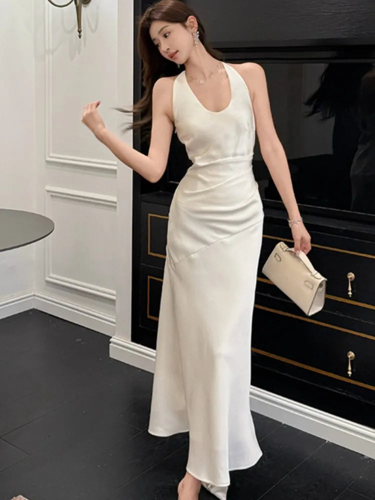 Lunivop Elegant Satin Solid Women's Dresses Sexy Halter V-neck  Female Clothing Formal Occasion New Sleeveless Evening Party Long Dress