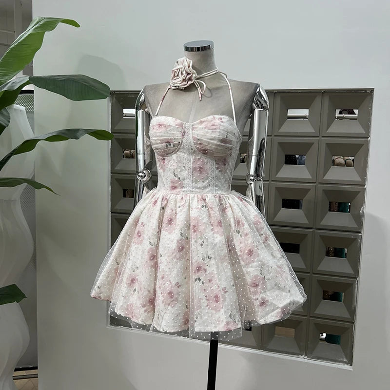 Lunivop  Fashion Women Dress Sleeveless Strapless Polka Dot Printing Lace Up Hanging Neck Flower Female Party Dress New Tide