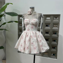 Lunivop  Fashion Women Dress Sleeveless Strapless Polka Dot Printing Lace Up Hanging Neck Flower Female Party Dress New Tide