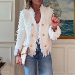 Lunivop  Tassel Little Fragrance Coat Jacket Women Elegant Temperament Double-breasted Coats Autumn Winter Solid Slim Clothing White