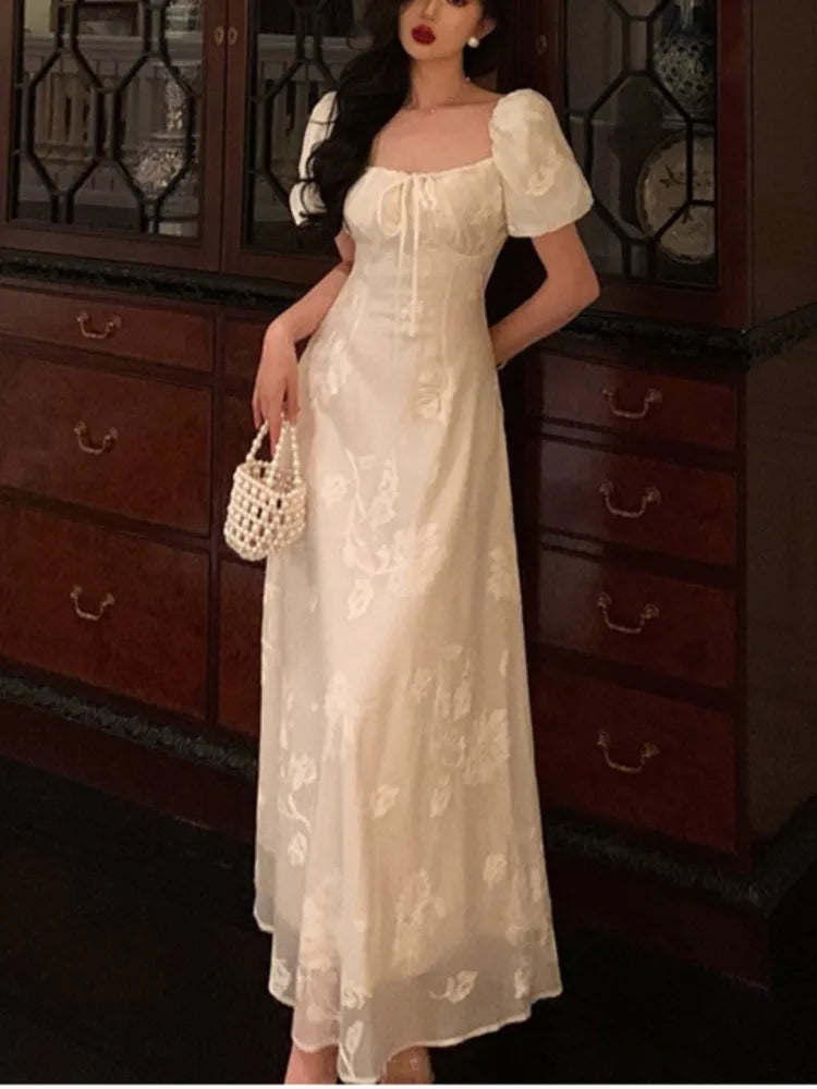 Lunivop  Puff Sleeve Evening Party Dress for Women Summer New Elegant Chinese Style Square Collar Lace-up A-line Long Vestidos Mujer