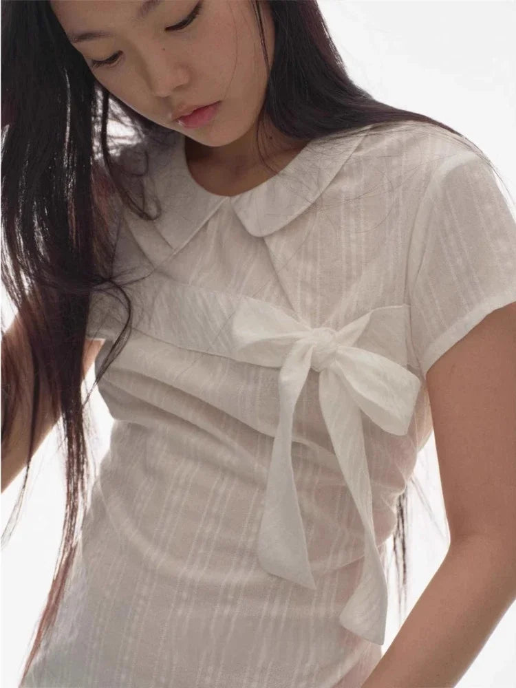 Lunivop  Women Clothing Sweet T Shirts Peter Pan Collar Bandage Bow Camisetas Ropa Mujer Short Sleeve Tunic Tees Sweet Summer Tshirt