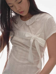 Lunivop  Women Clothing Sweet T Shirts Peter Pan Collar Bandage Bow Camisetas Ropa Mujer Short Sleeve Tunic Tees Sweet Summer Tshirt