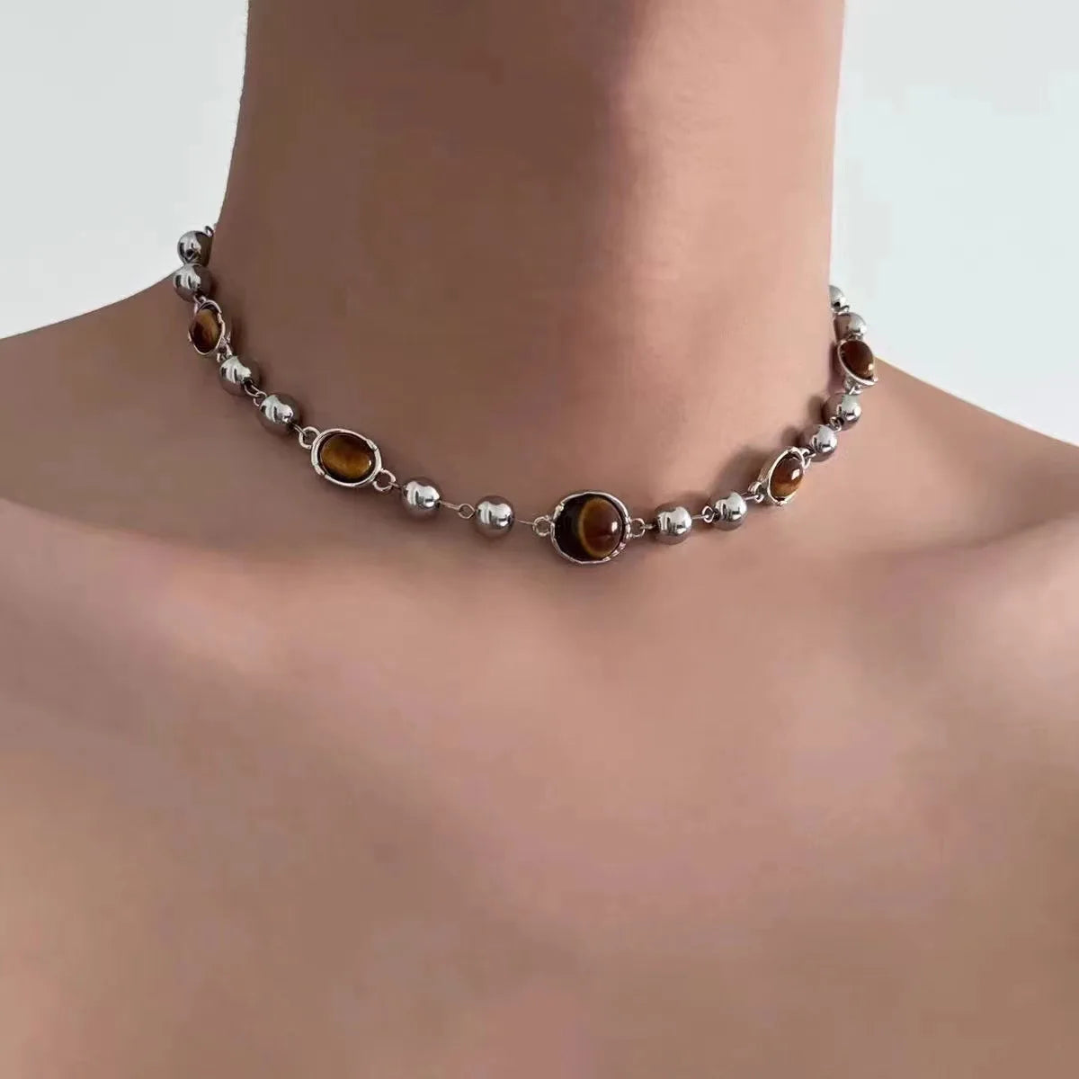 Lunivop New Vintage Necklace Double-Deck Pearl Tiger-Eye Luxury Court Style Unisex Choker for Women Men Couple Jewelry