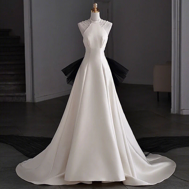 Lunivop  Hanging Neck Beading Sleeve Design Sleeveless Wedding Party Robe Tailing Elegant Solid Evening Dress Slim Waist Bow Prom Dresses