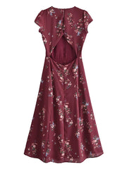Lunivop  Vintage French Style Wine Red Floral  Backless Split Midi Dress Elegant Woman Hollow Out Hole Short Sleeve Dresses Vestido