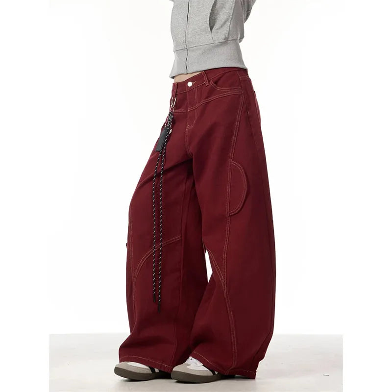 Lunivop Jeans Women Red Vintage High Waisted Straight Denim Trouser Y2K 90s Hip hop American Streetwear Wide Leg Classic Denim Pants