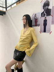 Lunivop Fall 2025 Fashion Woman Yellow Long Sleeve Blouse Ruffles Flare Sleeve V Neck Fashion Top Ladies Blouses Autumn Clothes