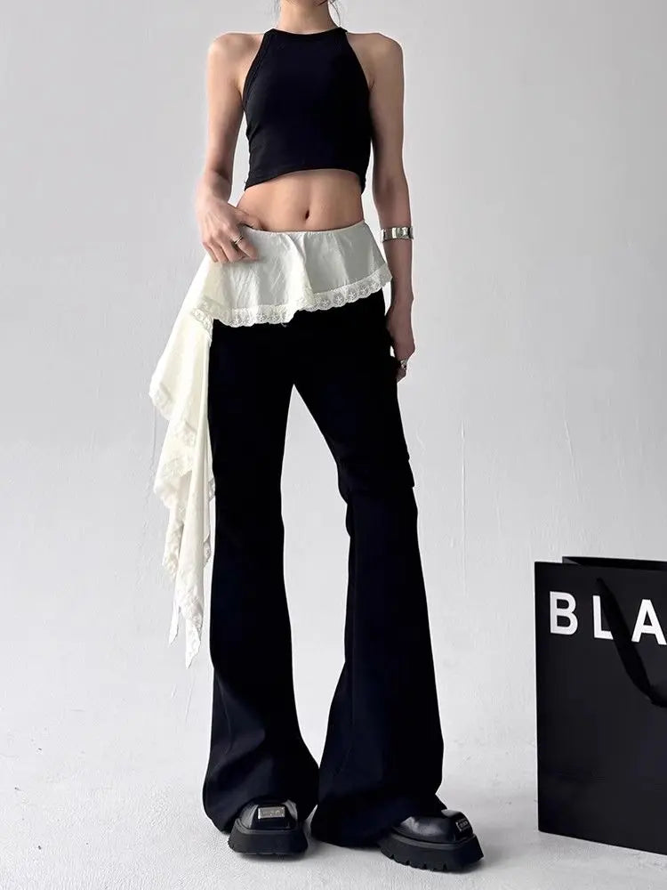 Lunivop  Lace Patchwork Lace Up Pants for Women New Slim Fit Fake Two Piece Flare Pants Y2k High Waist Black Straight Trousers