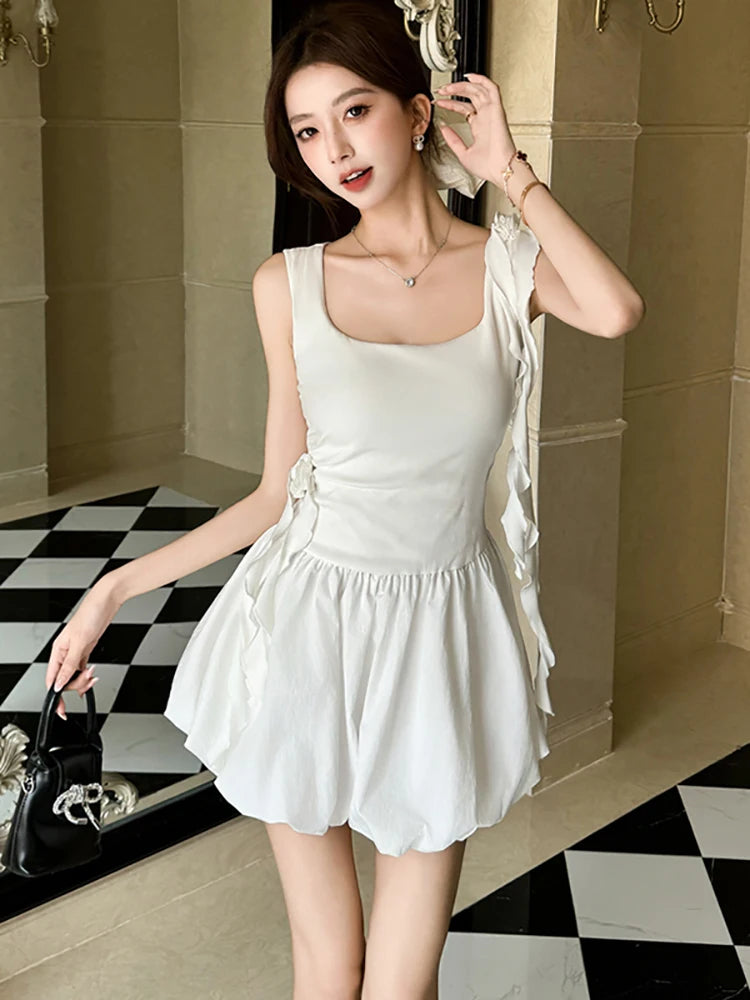 Lunivop  White Patchwork Ruffled Chic Mini Dress Women Elegant Casual Sling Dress Summer Korean Fashion Bodycon Festival Party Dress