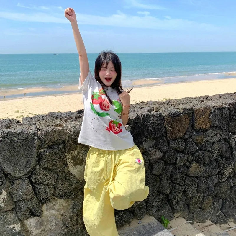 Lunivop  T Shirts Women Sweet Cartoon Fruit Printed Short Sleeve O Neck Summer Fashion Loose Y2k Tops Female Casual Tshirt