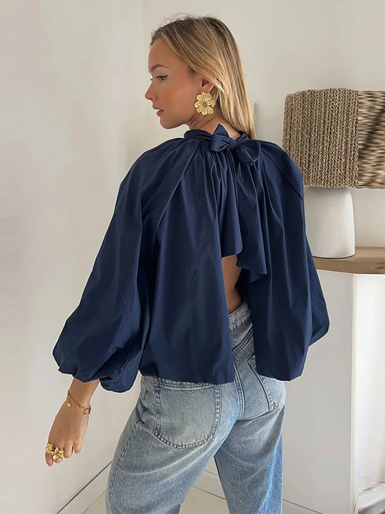 Lunivop   Fashion Women's Bowknot Shirt Pleated Long Sleeve O-Neck Backless Lady Shirts Solid Spring Summer Elegant Women Loose Top 2025