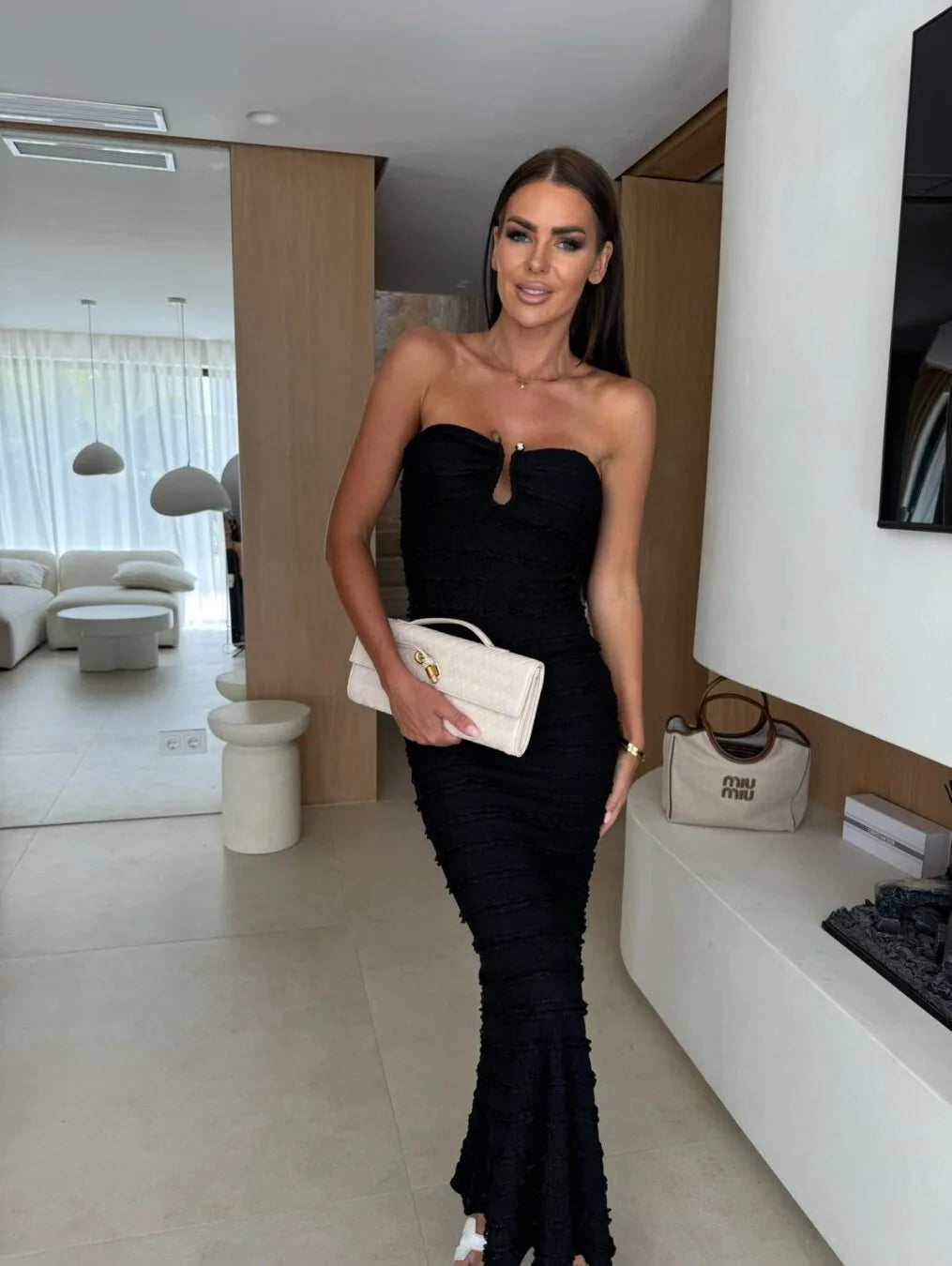 Lunivop  Summer Fashion New Women's Elegant and Sexy V-neck Chest Wrapping Solid Color Long Hip Wrapping Tight Holiday Dress