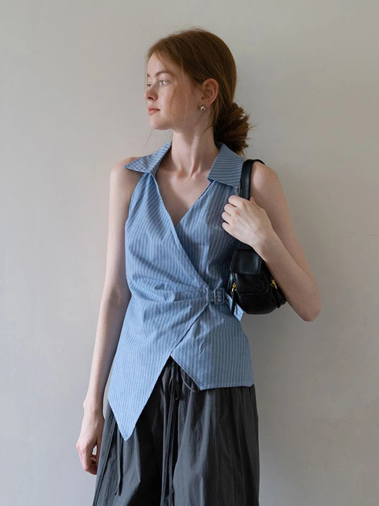 Lunivop Sexy V Neck Slim Striped Tanks Women Vintage Sleeveless Irregular Tees American Retro Casual Summer Female Elegant New Tops
