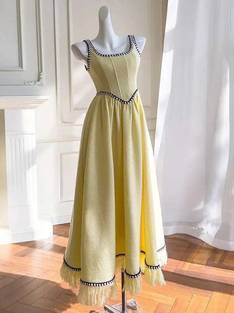 Lunivop  French Elegant Tweed Thick Straps Dresses For Women Square Collar Sleeveless Vintage Maxi Bottom Dress 2025 Autumn
