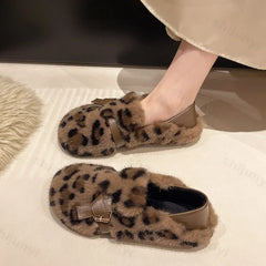 Lunivop Fashion Leopard Fur Ballet Flats Woman Curly Cotton Buckle Strap Mary Jane Shoes Ladies Winter Warm Plush Shallow Loafers