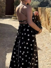 Lunivop  Retro Polka Dot Backless Halter Neck Women Dress Chic Sleeveless High Waist  Lace Up Maxi Dresses Lady Holiday Street Wears