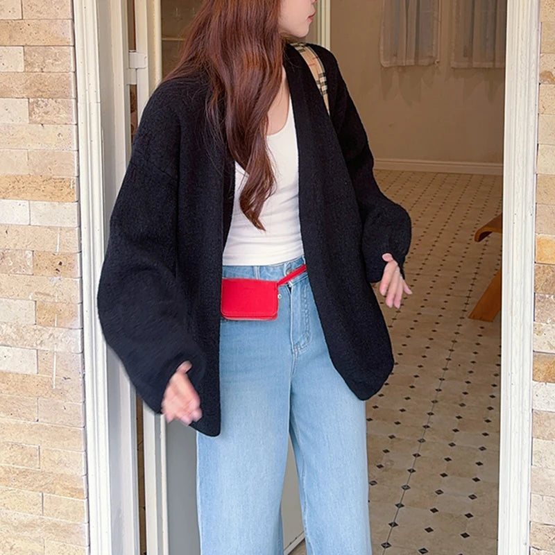 Lunivop Open Front Knit Cardigan for Women Comfy Balloon Sleeve Open-front Sweater Coat Female Duster Cardi Casual Autumn Winter Outfit