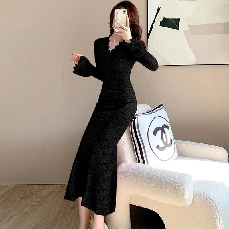 Lunivop  Autumn Winter Pink Lace Hook Flower Hollow Prom Vestidos Women Fashion Bodycon Party Dress and Events Korean Casual Dresses
